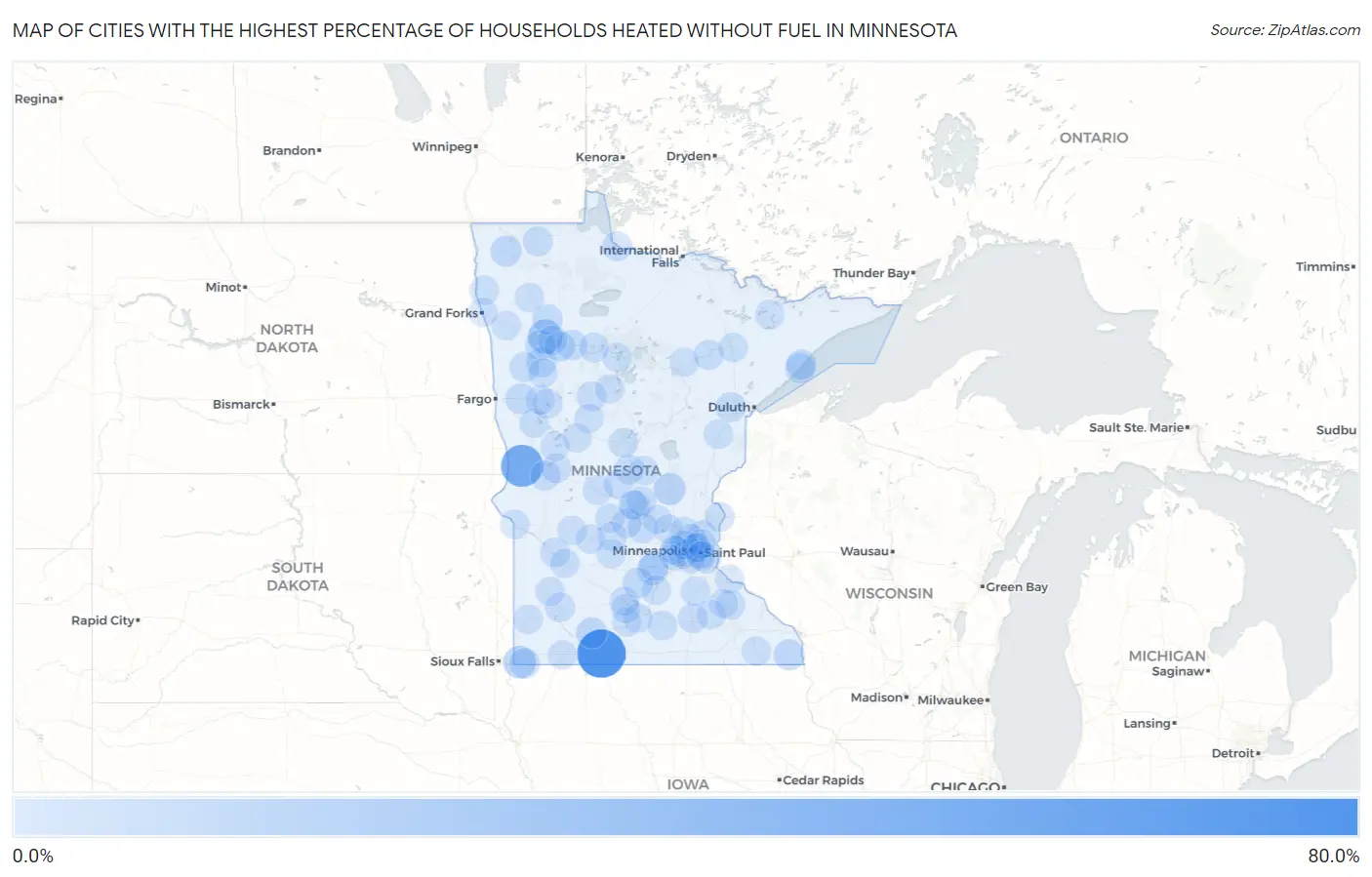 Cities with the Highest Percentage of Households Heated without Fuel in Minnesota Map