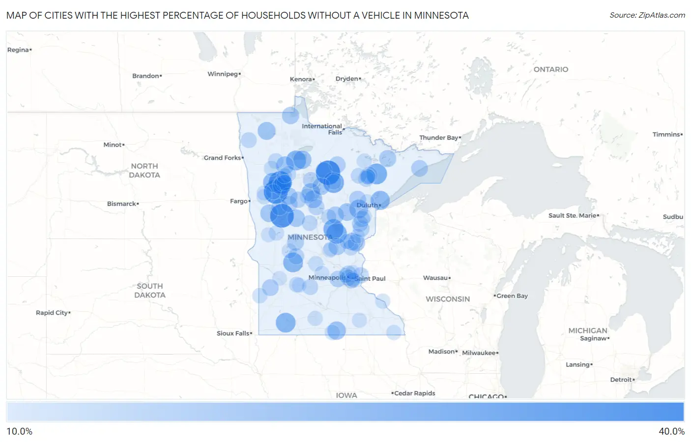 Cities with the Highest Percentage of Households Without a Vehicle in Minnesota Map