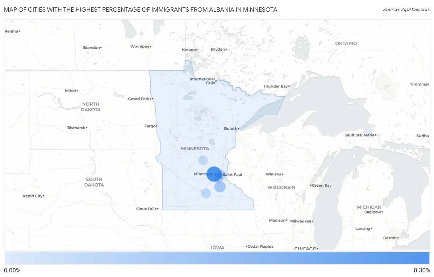Cities with the Highest Percentage of Immigrants from Albania in Minnesota Map