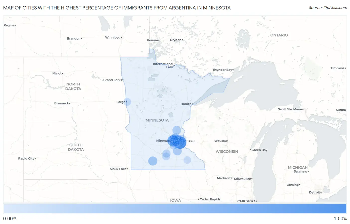 Cities with the Highest Percentage of Immigrants from Argentina in Minnesota Map