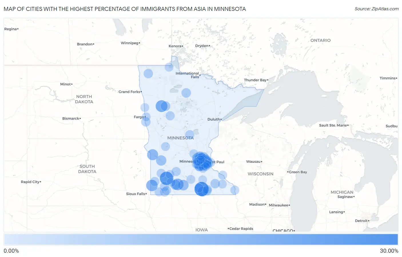Cities with the Highest Percentage of Immigrants from Asia in Minnesota Map