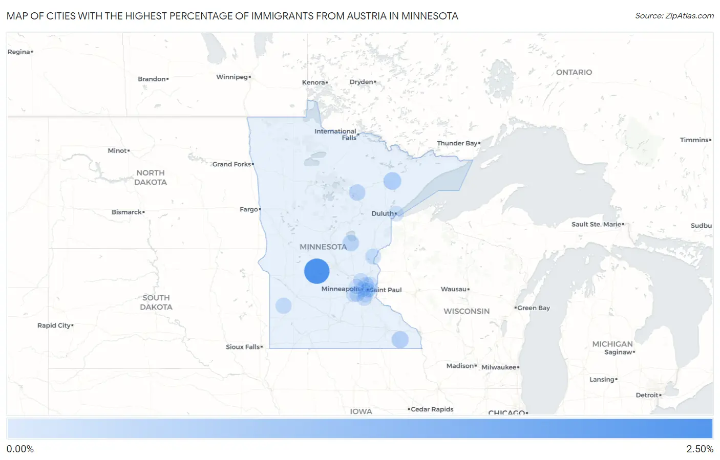 Cities with the Highest Percentage of Immigrants from Austria in Minnesota Map