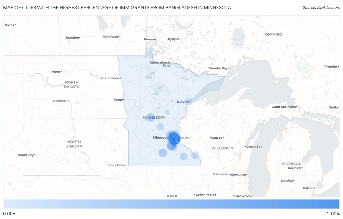 Cities with the Highest Percentage of Immigrants from Bangladesh in Minnesota Map