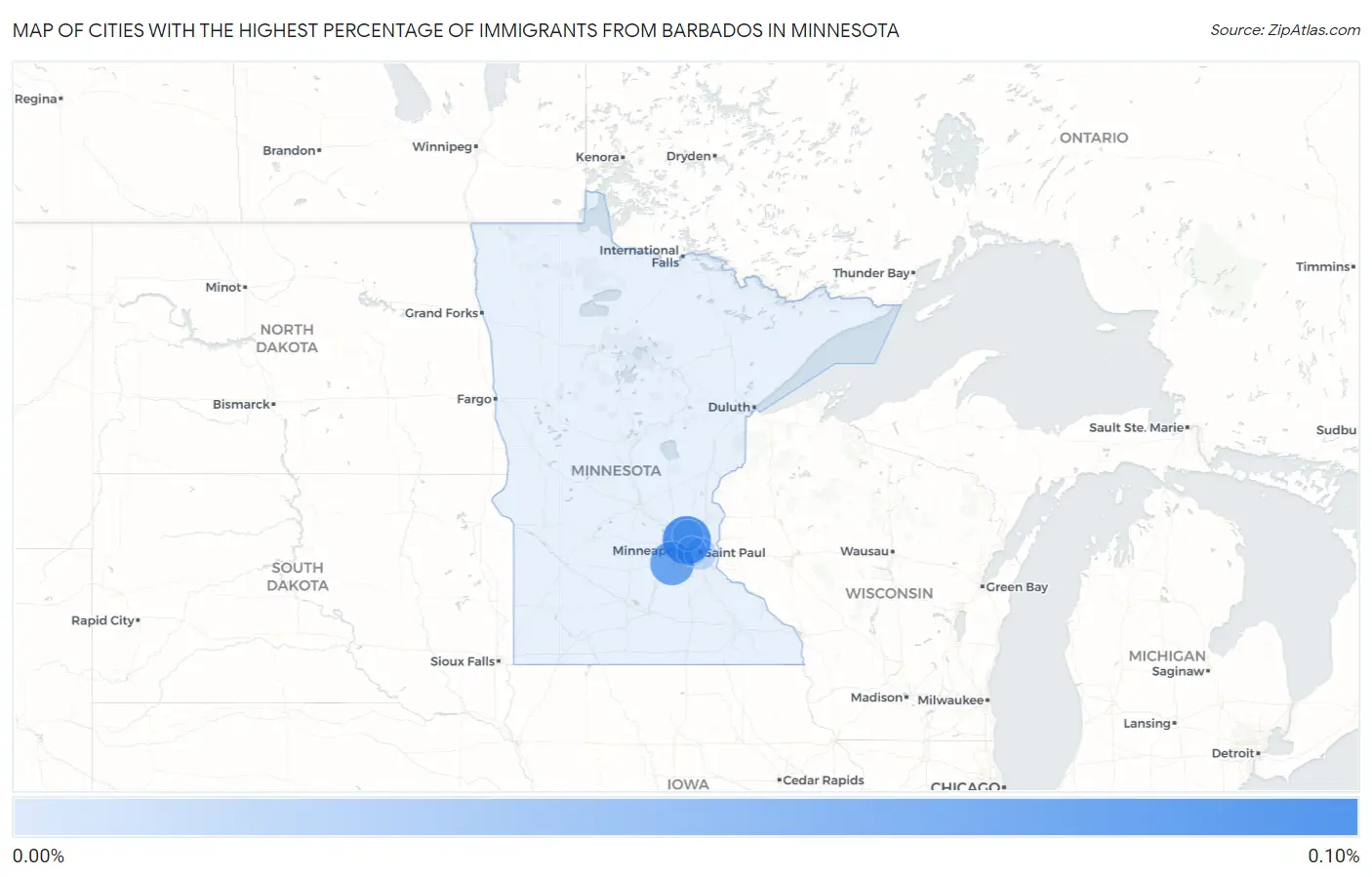 Cities with the Highest Percentage of Immigrants from Barbados in Minnesota Map