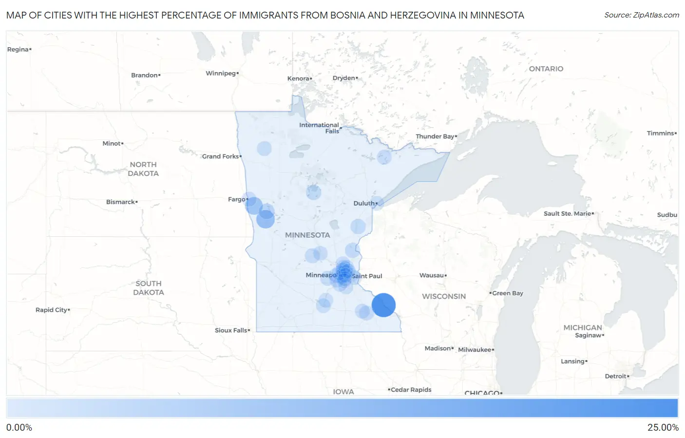 Cities with the Highest Percentage of Immigrants from Bosnia and Herzegovina in Minnesota Map