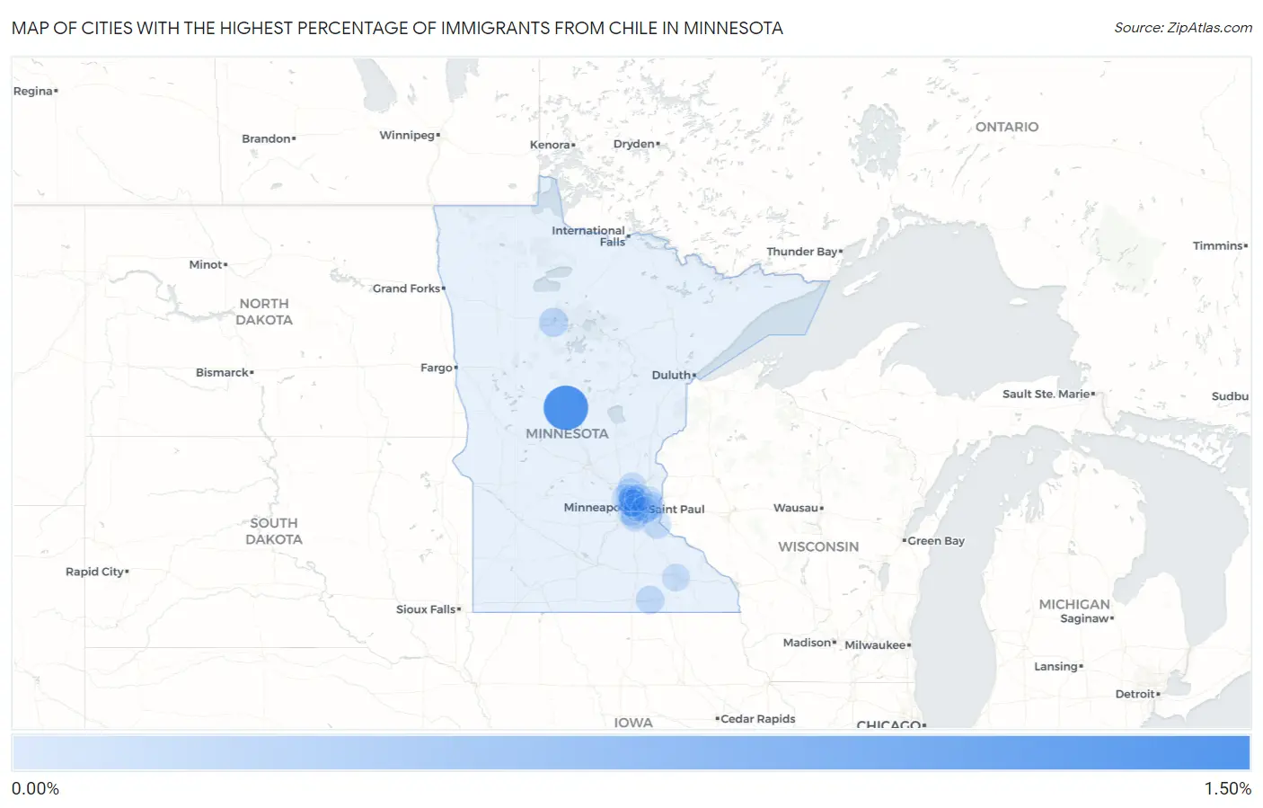 Cities with the Highest Percentage of Immigrants from Chile in Minnesota Map