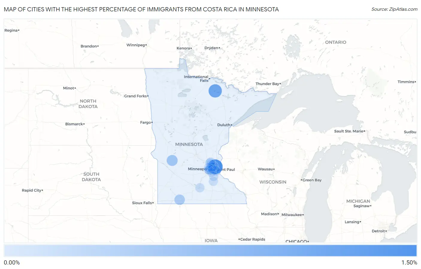 Cities with the Highest Percentage of Immigrants from Costa Rica in Minnesota Map