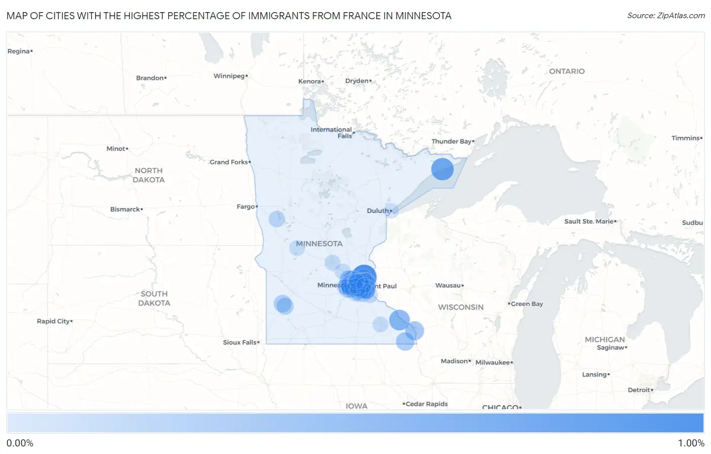 Cities with the Highest Percentage of Immigrants from France in Minnesota Map