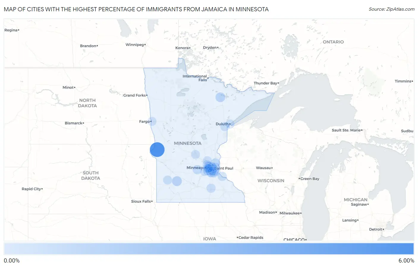 Cities with the Highest Percentage of Immigrants from Jamaica in Minnesota Map