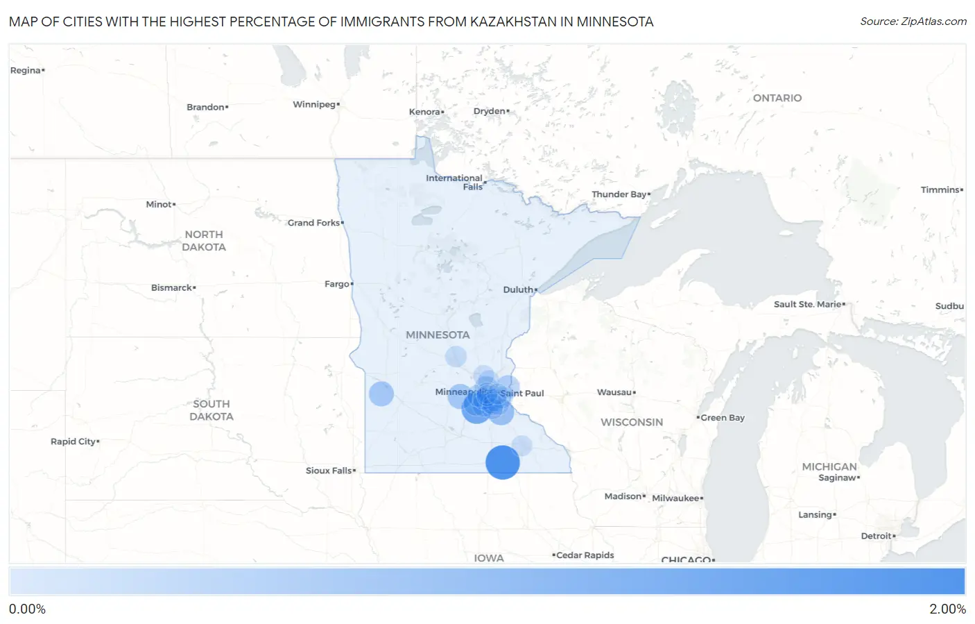 Cities with the Highest Percentage of Immigrants from Kazakhstan in Minnesota Map