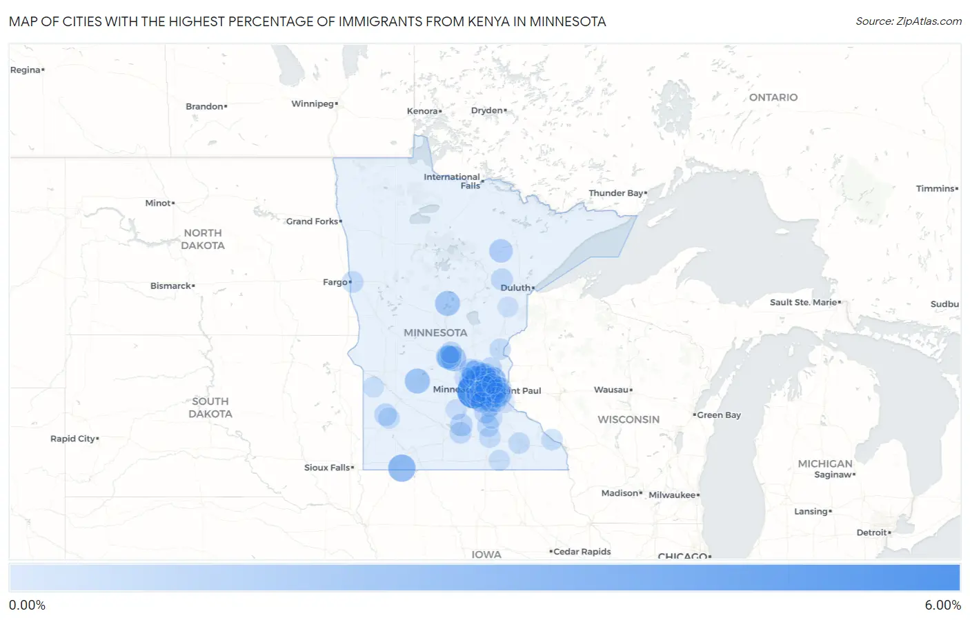 Cities with the Highest Percentage of Immigrants from Kenya in Minnesota Map