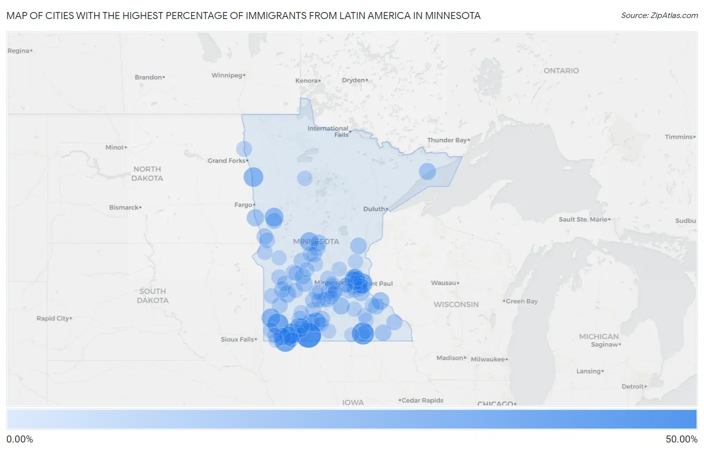 Cities with the Highest Percentage of Immigrants from Latin America in Minnesota Map