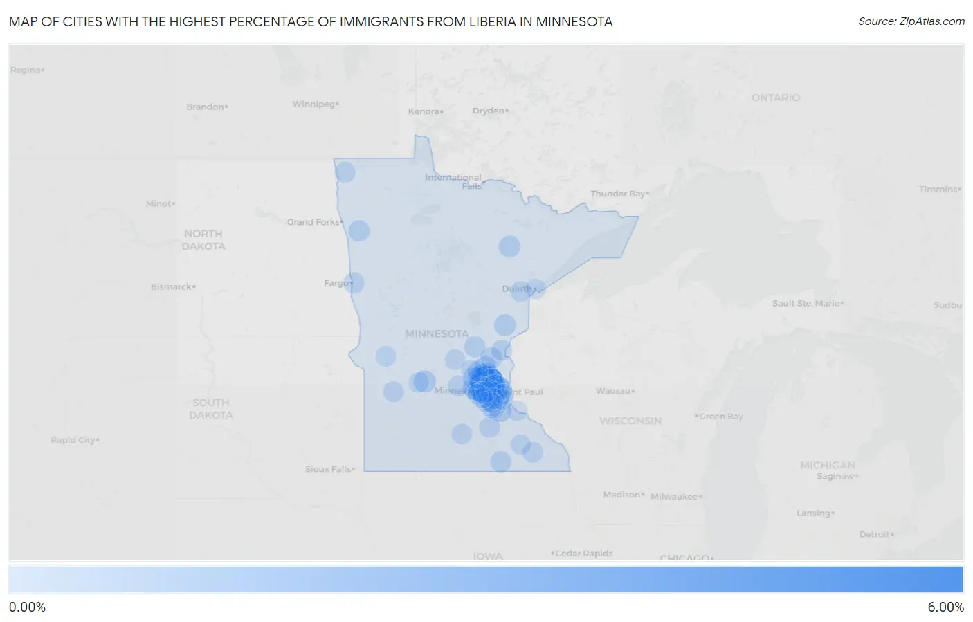 Cities with the Highest Percentage of Immigrants from Liberia in Minnesota Map