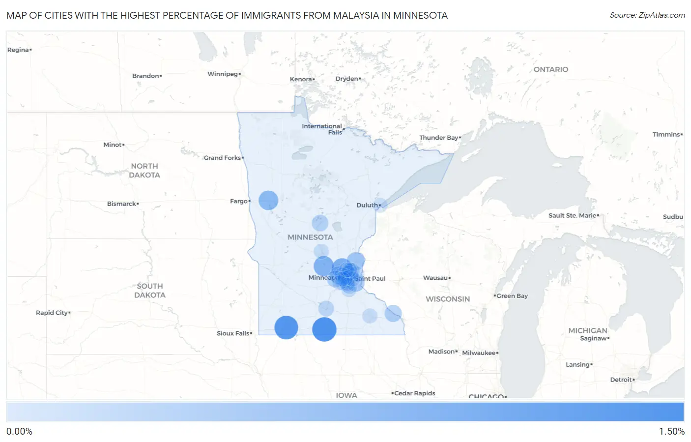 Cities with the Highest Percentage of Immigrants from Malaysia in Minnesota Map