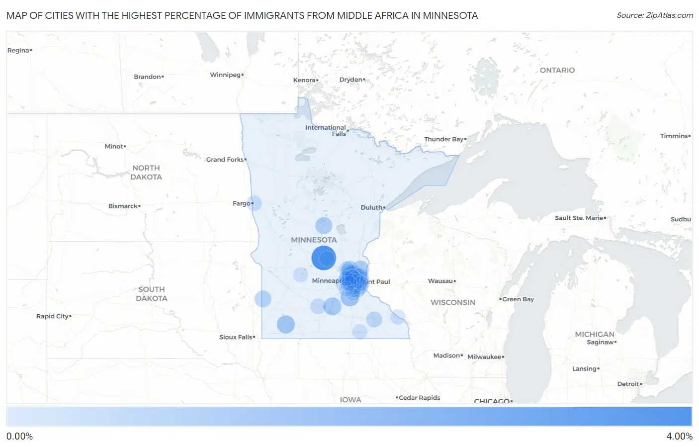 Cities with the Highest Percentage of Immigrants from Middle Africa in Minnesota Map