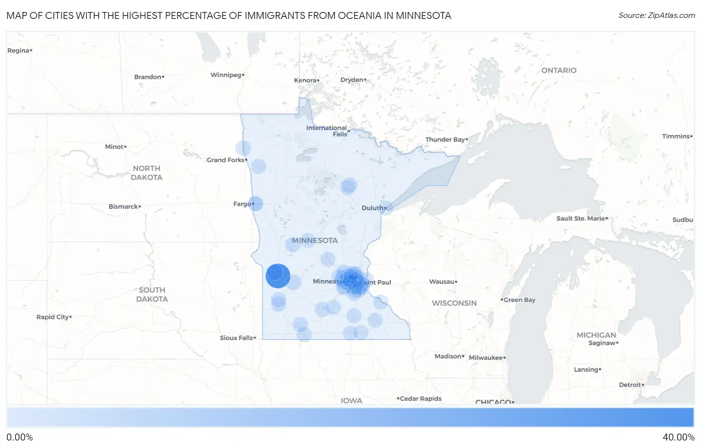 Cities with the Highest Percentage of Immigrants from Oceania in Minnesota Map