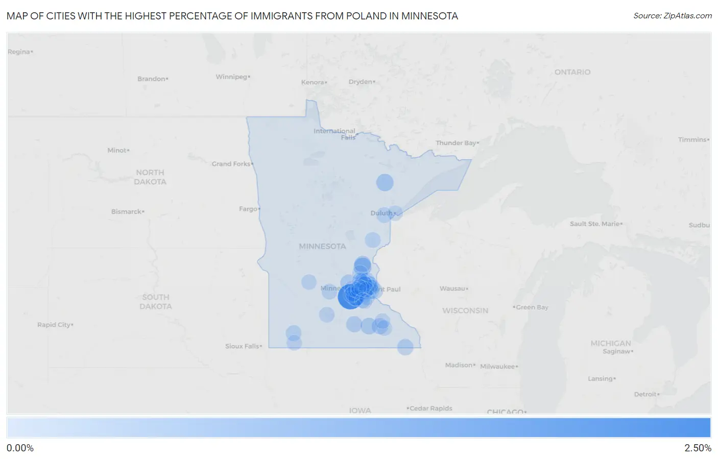 Cities with the Highest Percentage of Immigrants from Poland in Minnesota Map