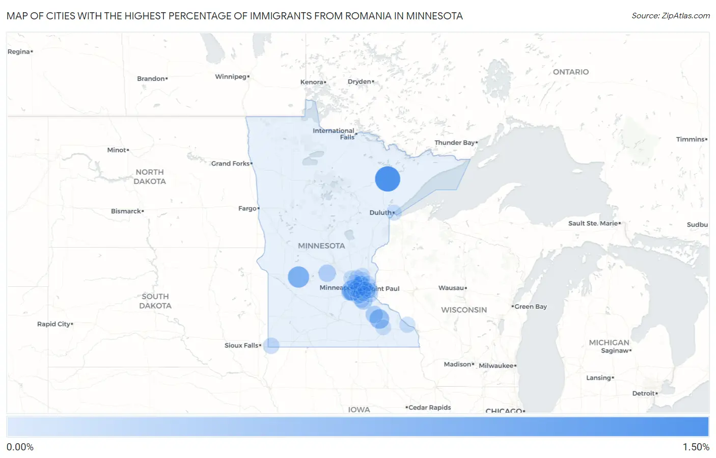 Cities with the Highest Percentage of Immigrants from Romania in Minnesota Map