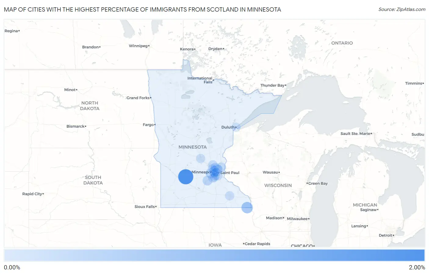 Cities with the Highest Percentage of Immigrants from Scotland in Minnesota Map