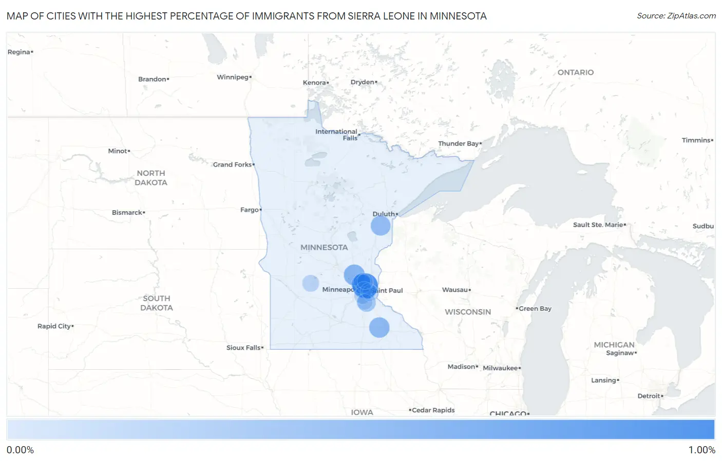 Cities with the Highest Percentage of Immigrants from Sierra Leone in Minnesota Map