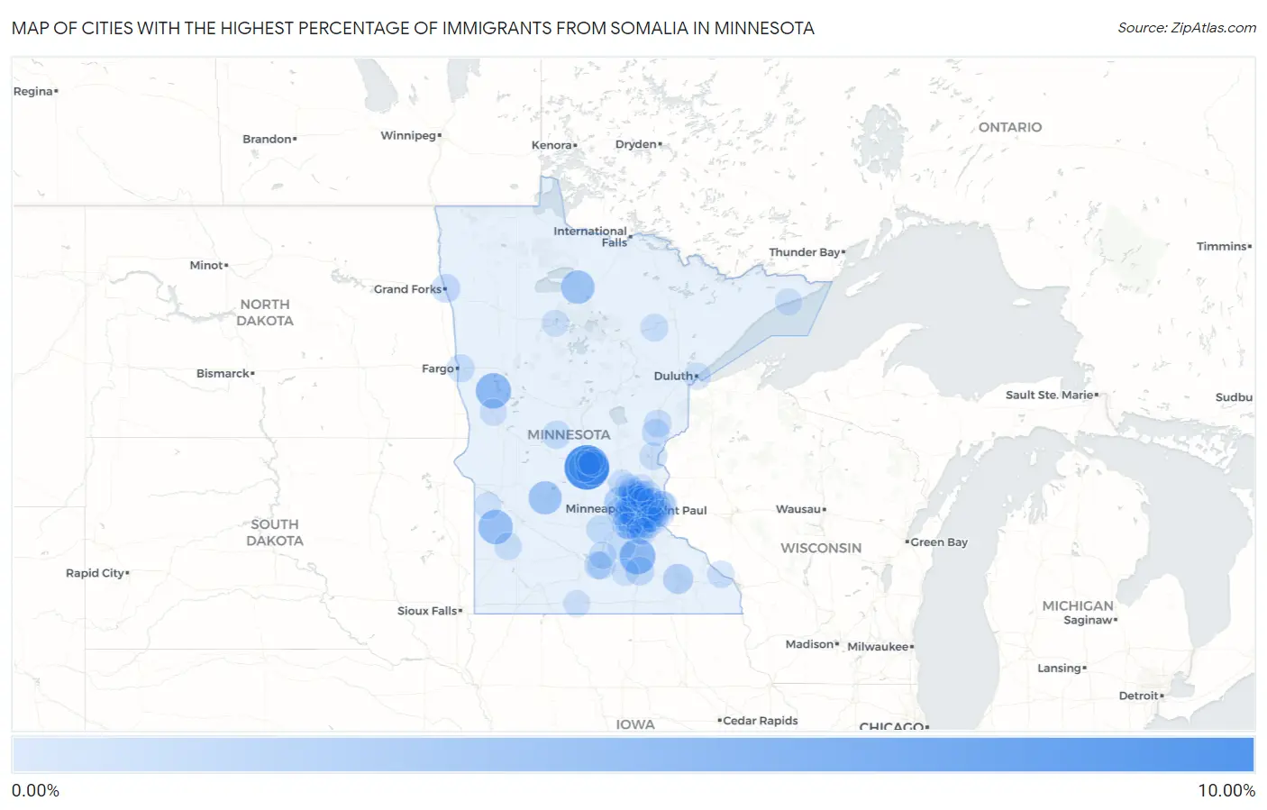 Cities with the Highest Percentage of Immigrants from Somalia in Minnesota Map