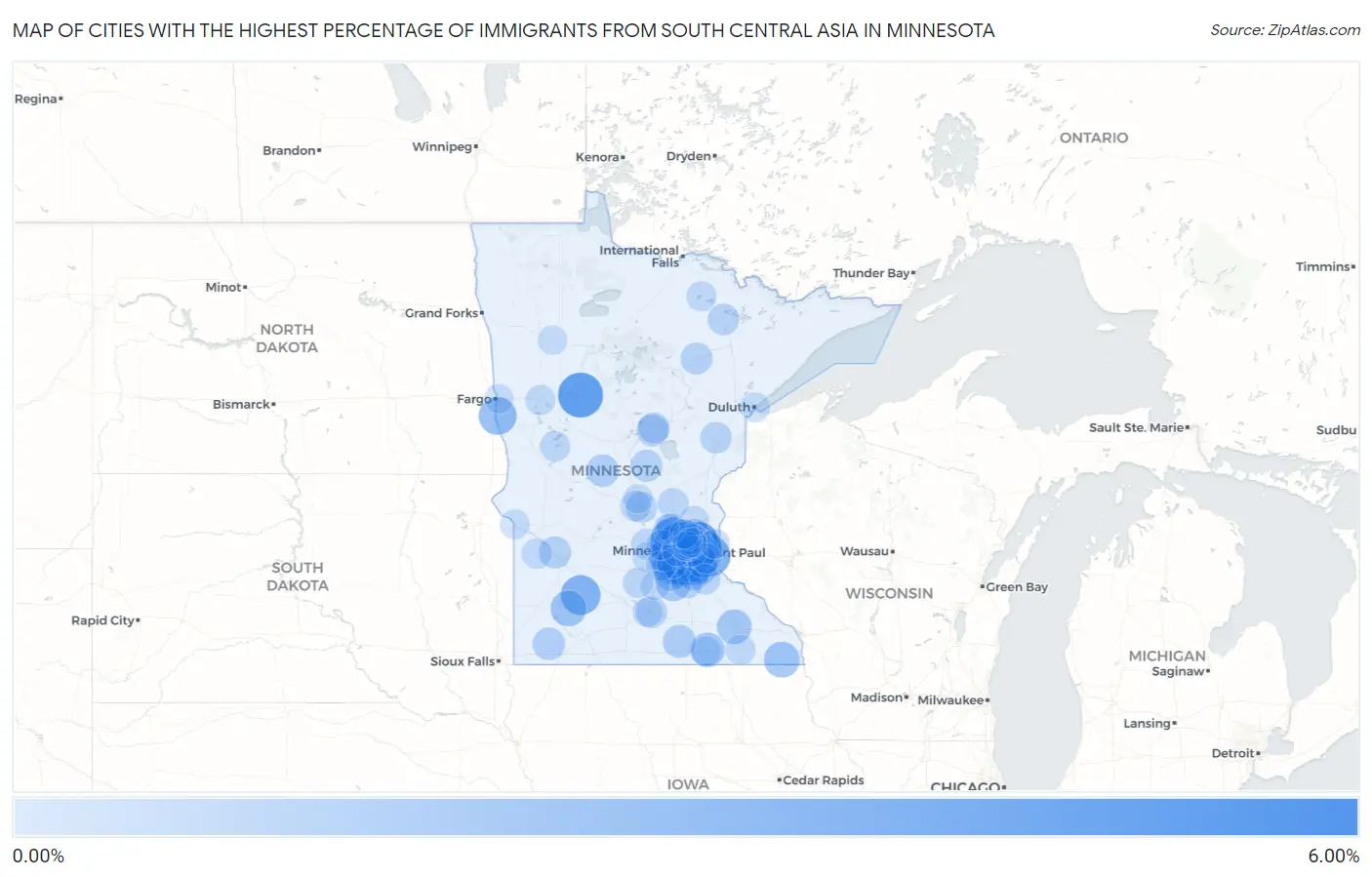 Cities with the Highest Percentage of Immigrants from South Central Asia in Minnesota Map