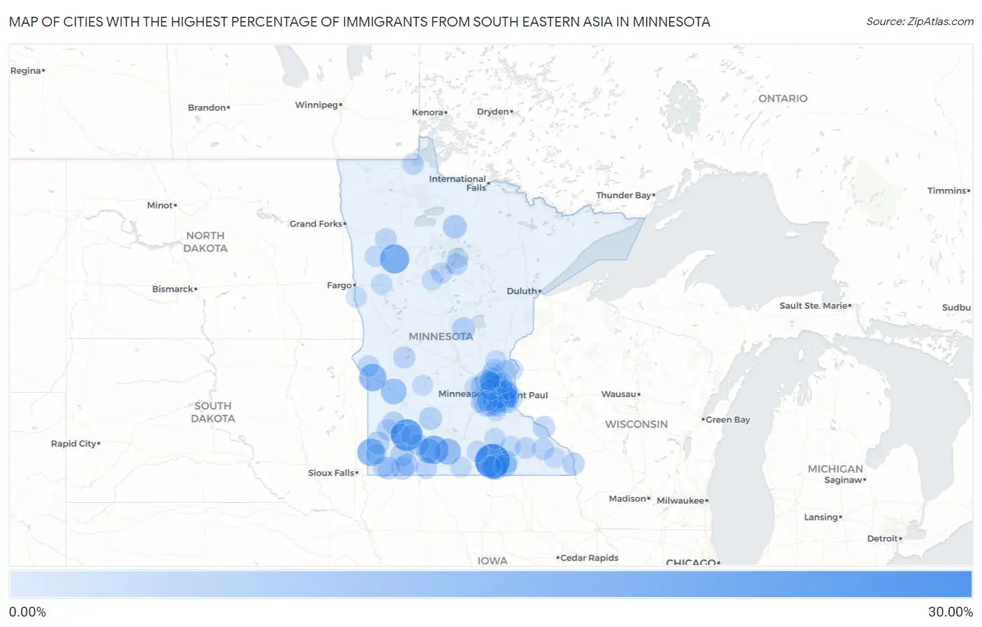Cities with the Highest Percentage of Immigrants from South Eastern Asia in Minnesota Map