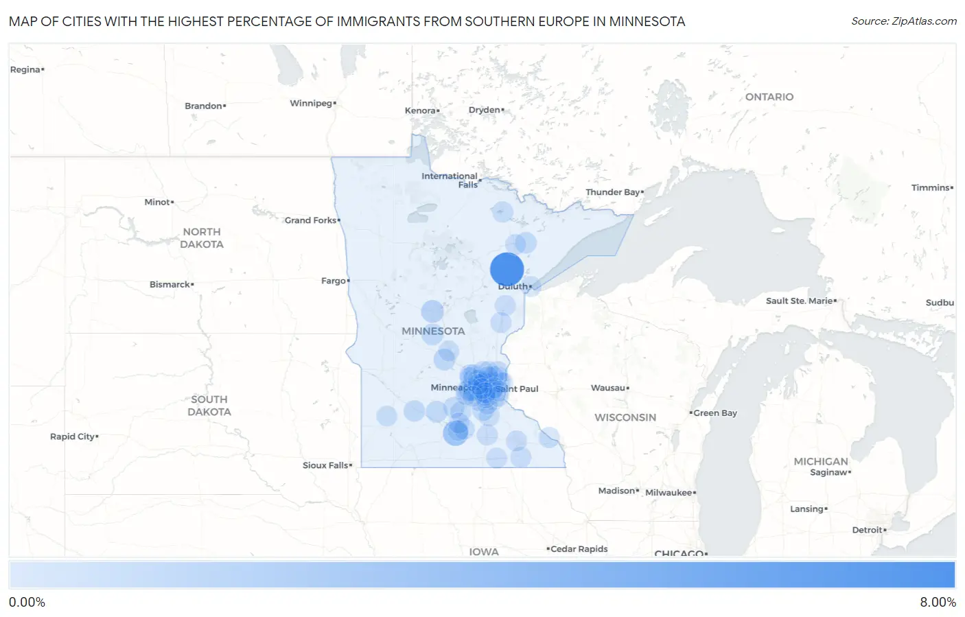 Cities with the Highest Percentage of Immigrants from Southern Europe in Minnesota Map