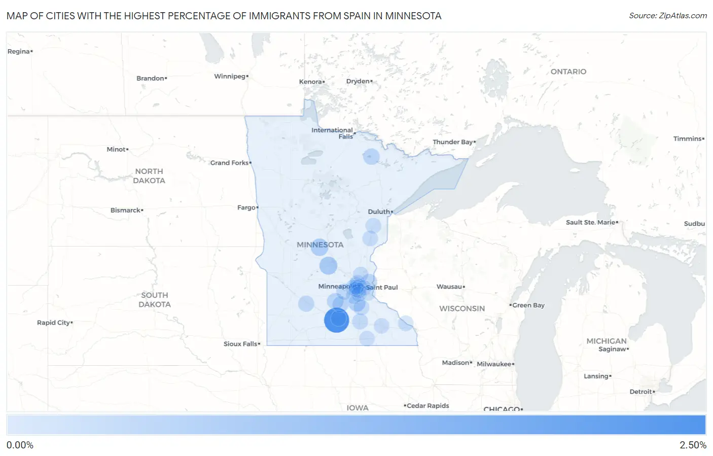 Cities with the Highest Percentage of Immigrants from Spain in Minnesota Map