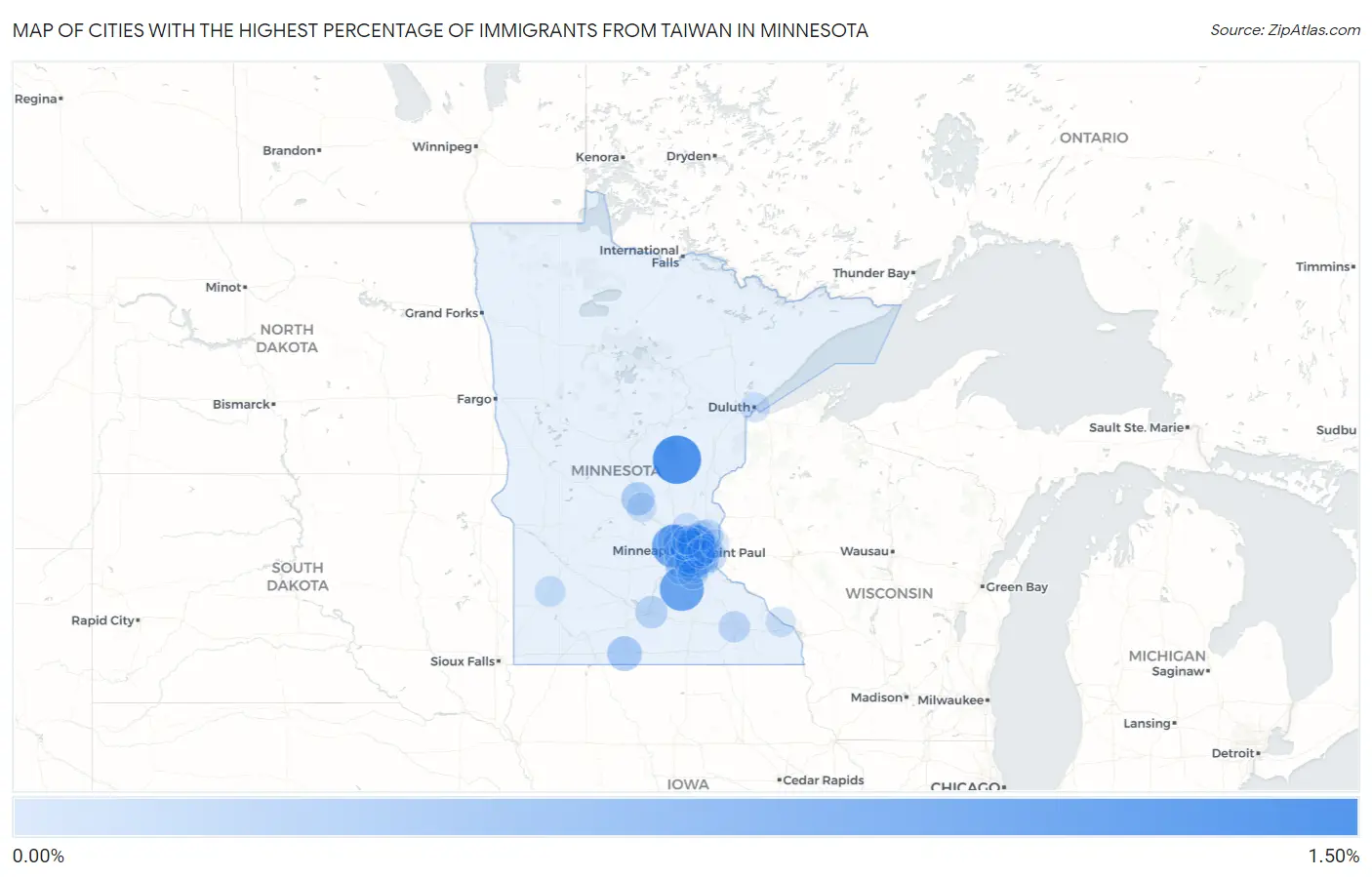 Cities with the Highest Percentage of Immigrants from Taiwan in Minnesota Map