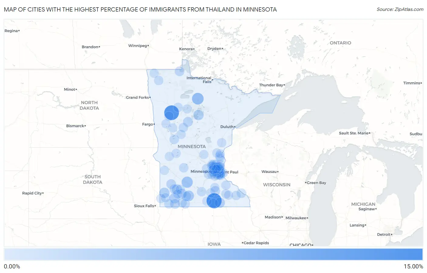 Cities with the Highest Percentage of Immigrants from Thailand in Minnesota Map