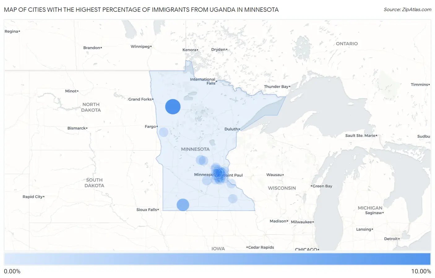 Cities with the Highest Percentage of Immigrants from Uganda in Minnesota Map