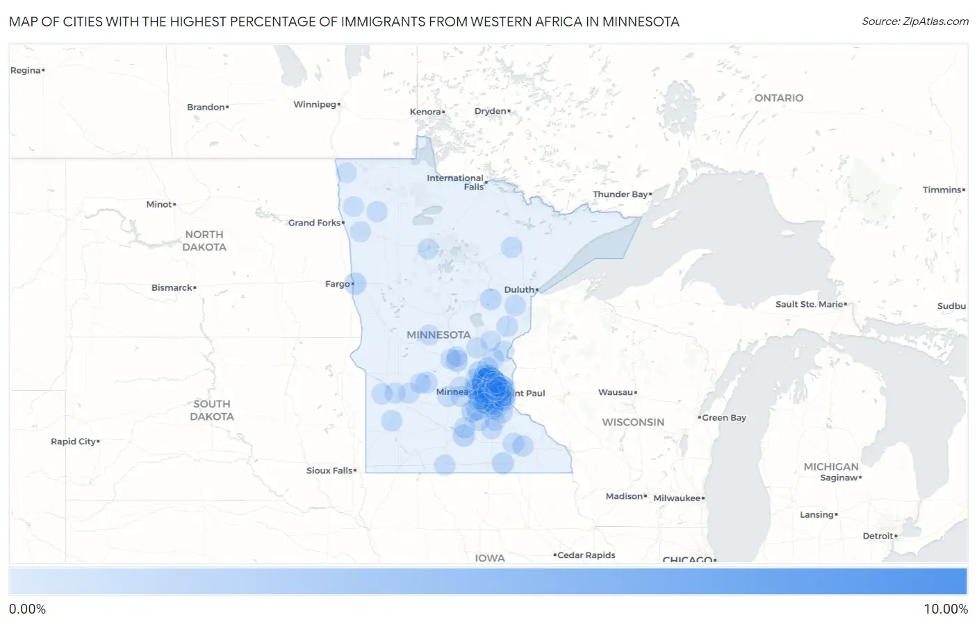 Cities with the Highest Percentage of Immigrants from Western Africa in Minnesota Map