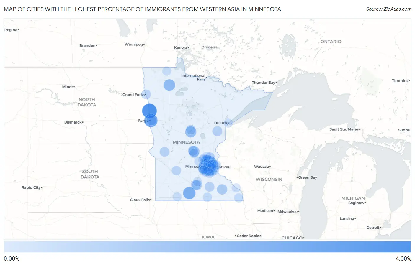 Cities with the Highest Percentage of Immigrants from Western Asia in Minnesota Map