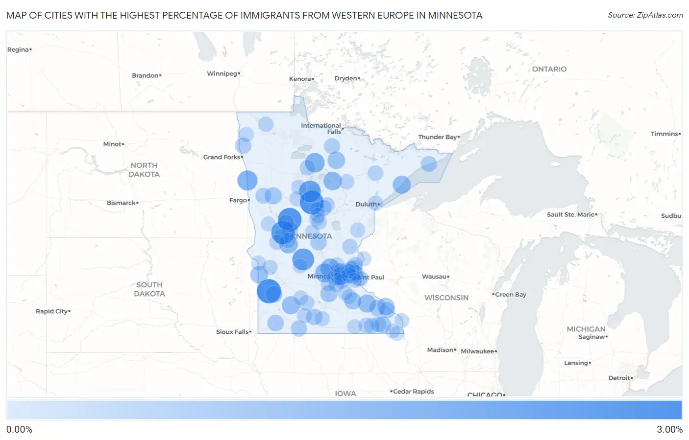 Cities with the Highest Percentage of Immigrants from Western Europe in Minnesota Map