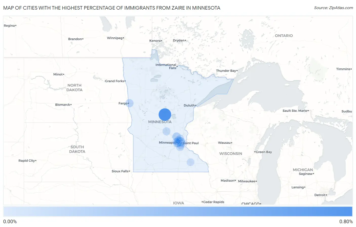 Cities with the Highest Percentage of Immigrants from Zaire in Minnesota Map