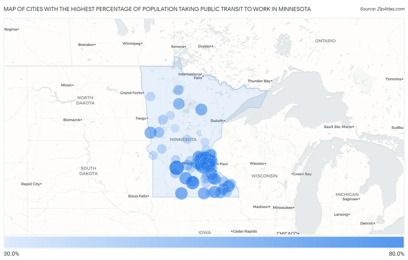 Cities with the Highest Percentage of Population Taking Public Transit to Work in Minnesota Map