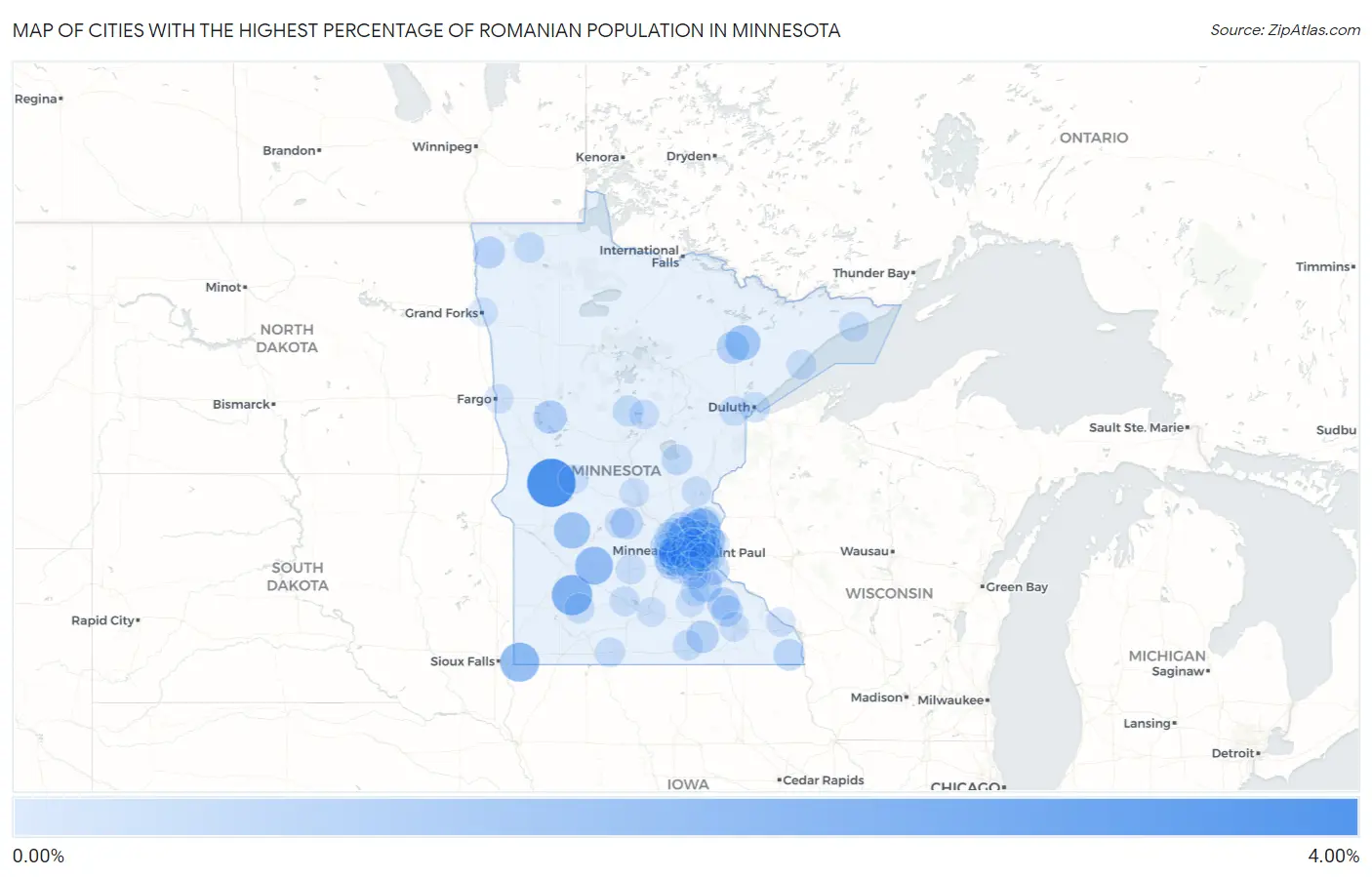 Cities with the Highest Percentage of Romanian Population in Minnesota Map