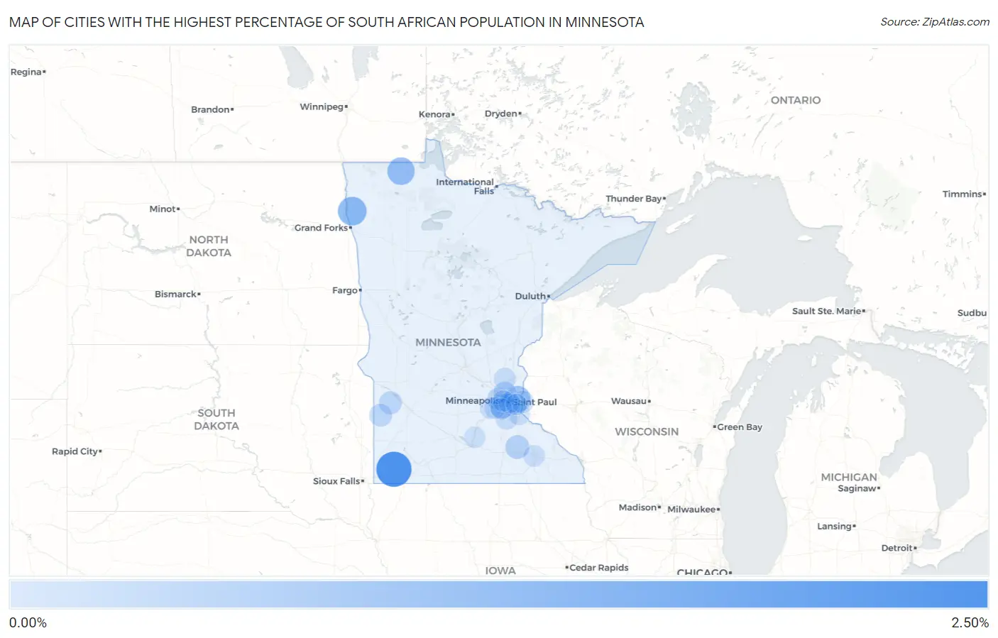 Cities with the Highest Percentage of South African Population in Minnesota Map