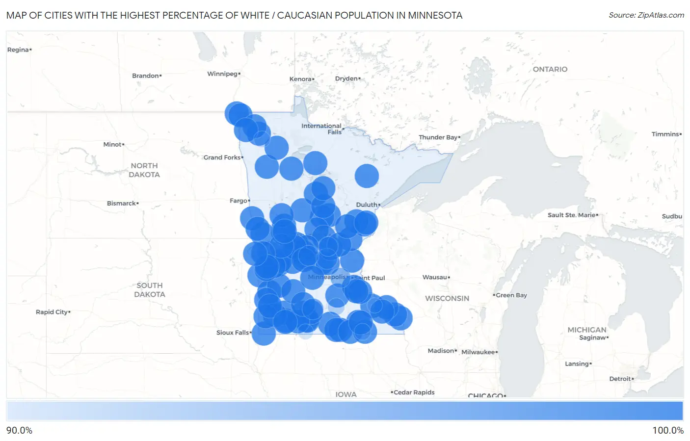 Cities with the Highest Percentage of White / Caucasian Population in Minnesota Map