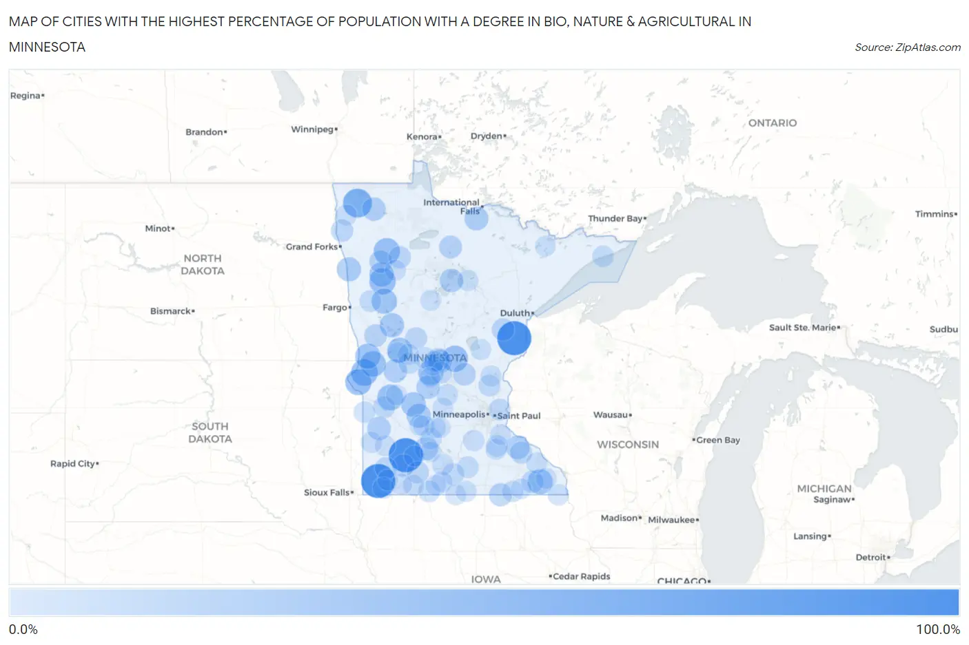 Cities with the Highest Percentage of Population with a Degree in Bio, Nature & Agricultural in Minnesota Map