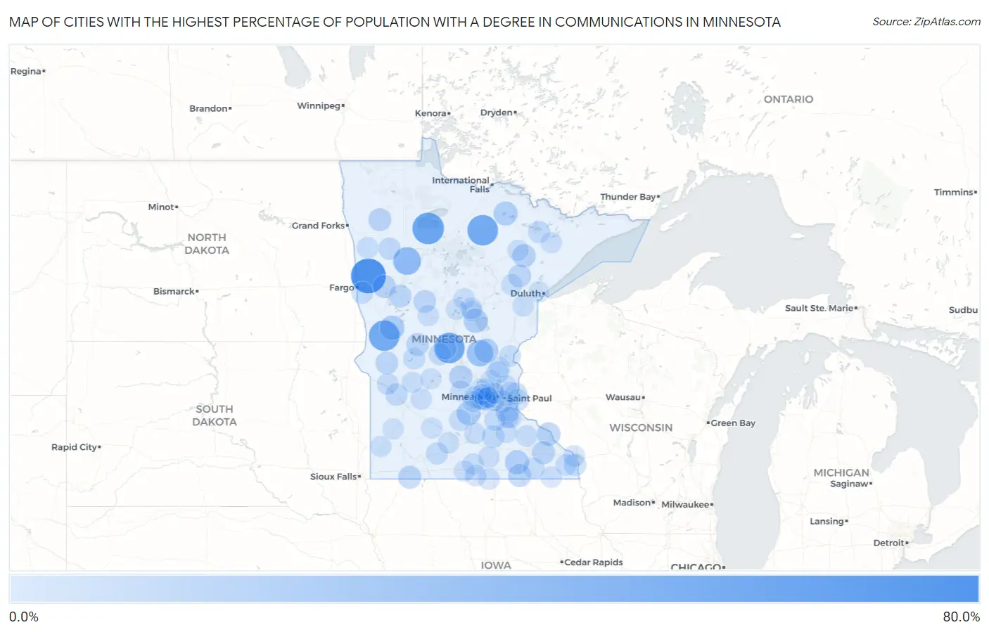 Cities with the Highest Percentage of Population with a Degree in Communications in Minnesota Map