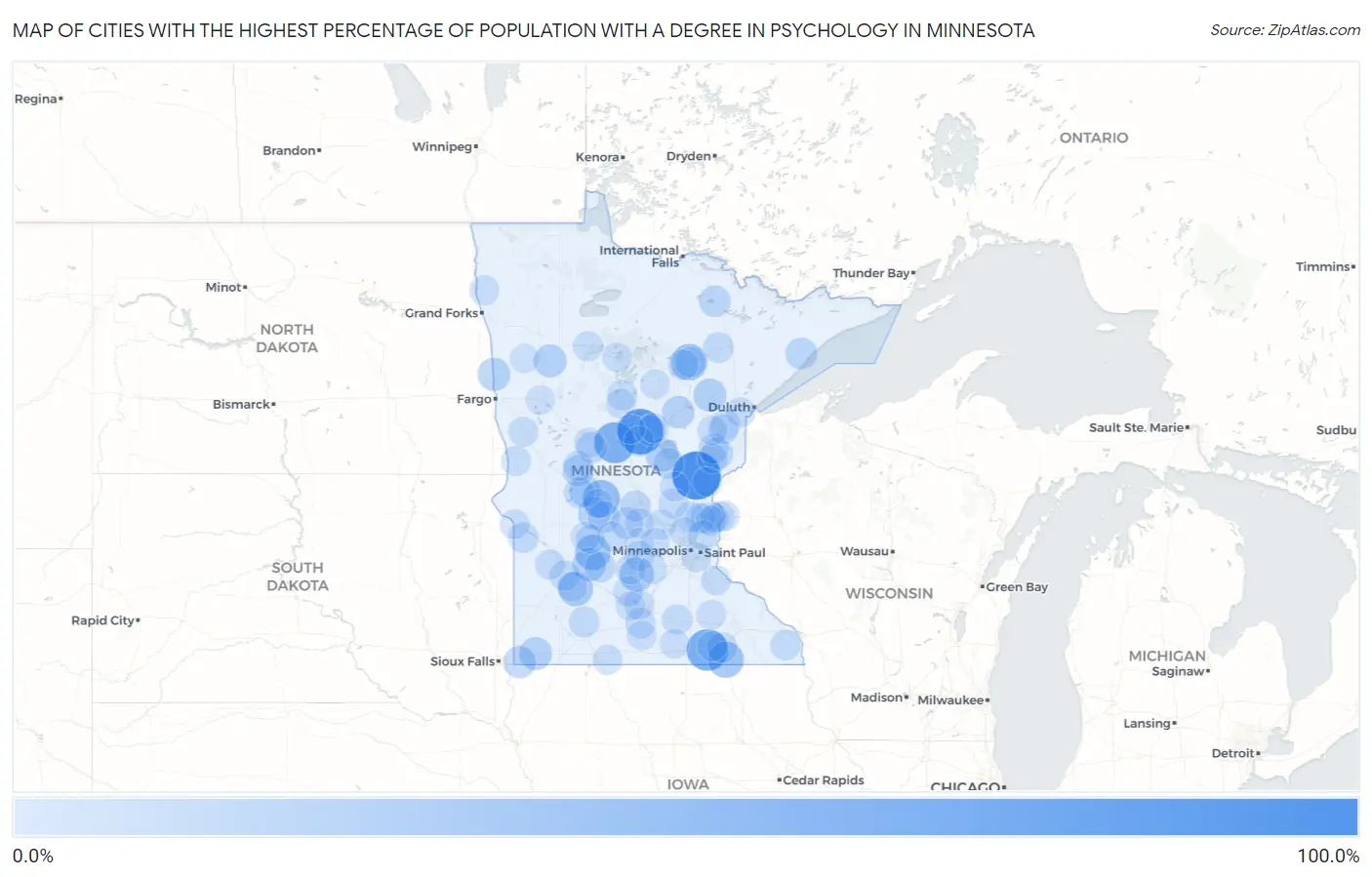 Cities with the Highest Percentage of Population with a Degree in Psychology in Minnesota Map
