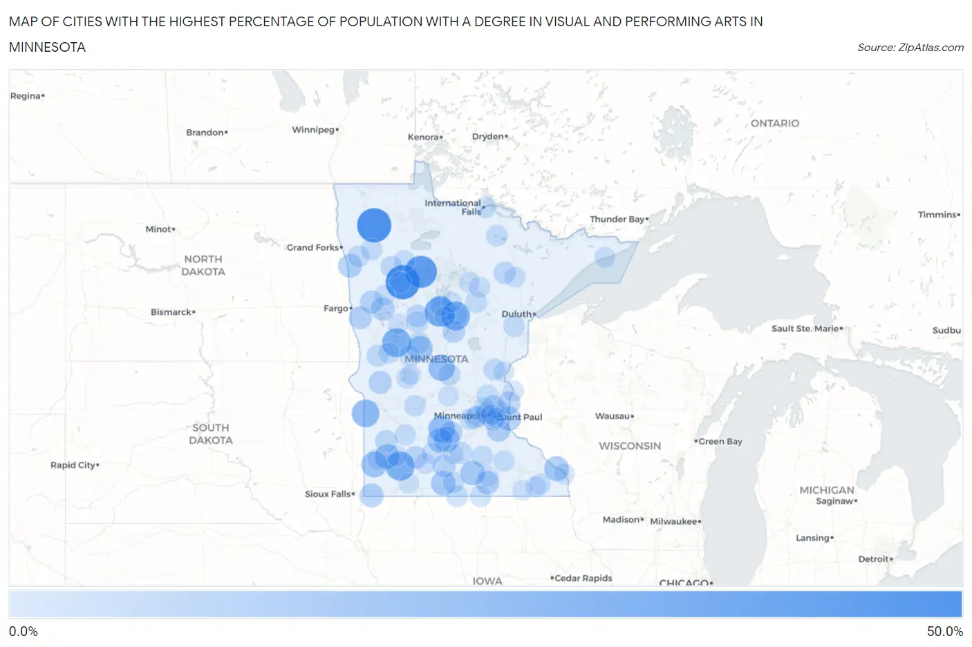 Cities with the Highest Percentage of Population with a Degree in Visual and Performing Arts in Minnesota Map