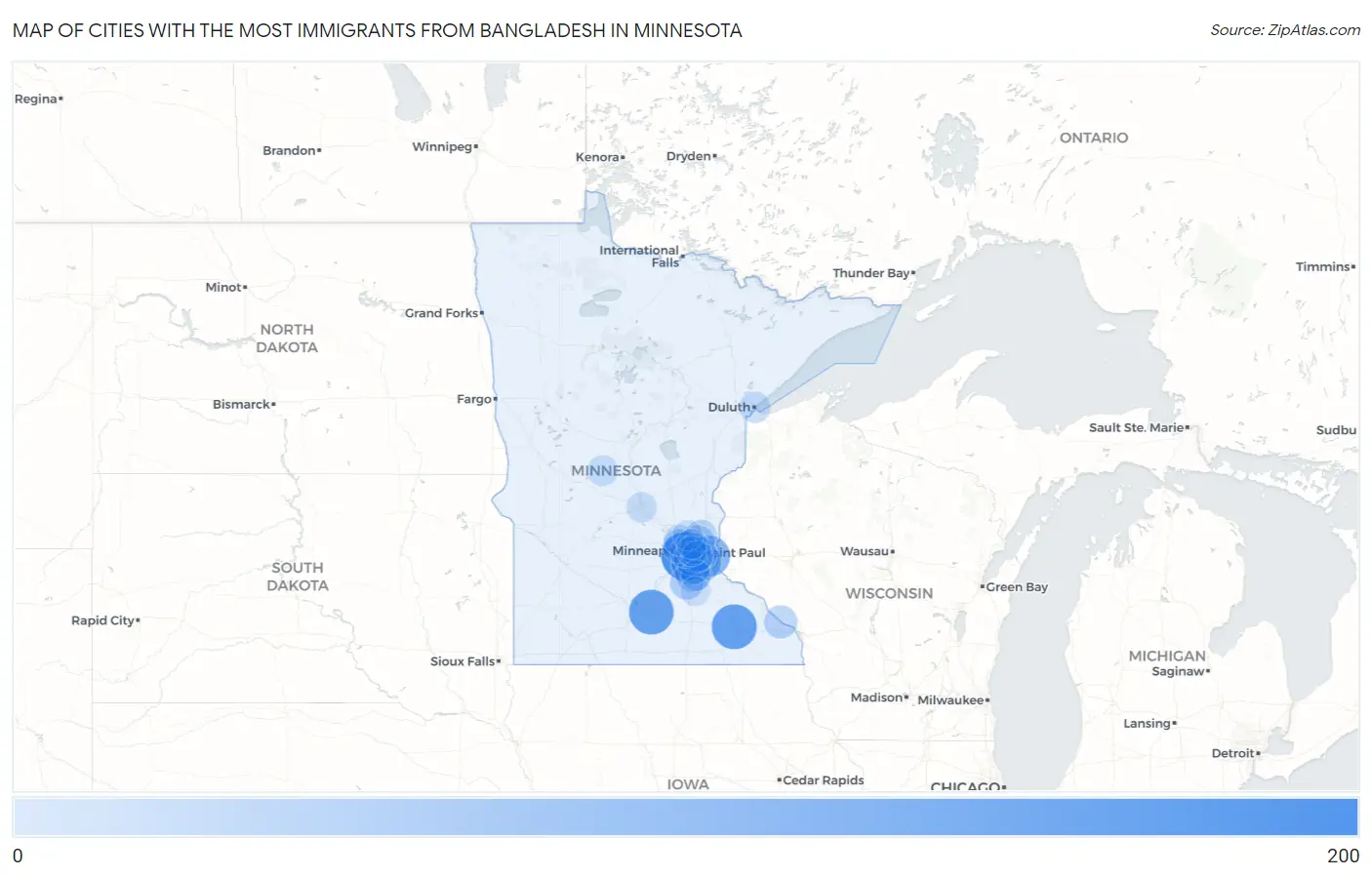 Cities with the Most Immigrants from Bangladesh in Minnesota Map