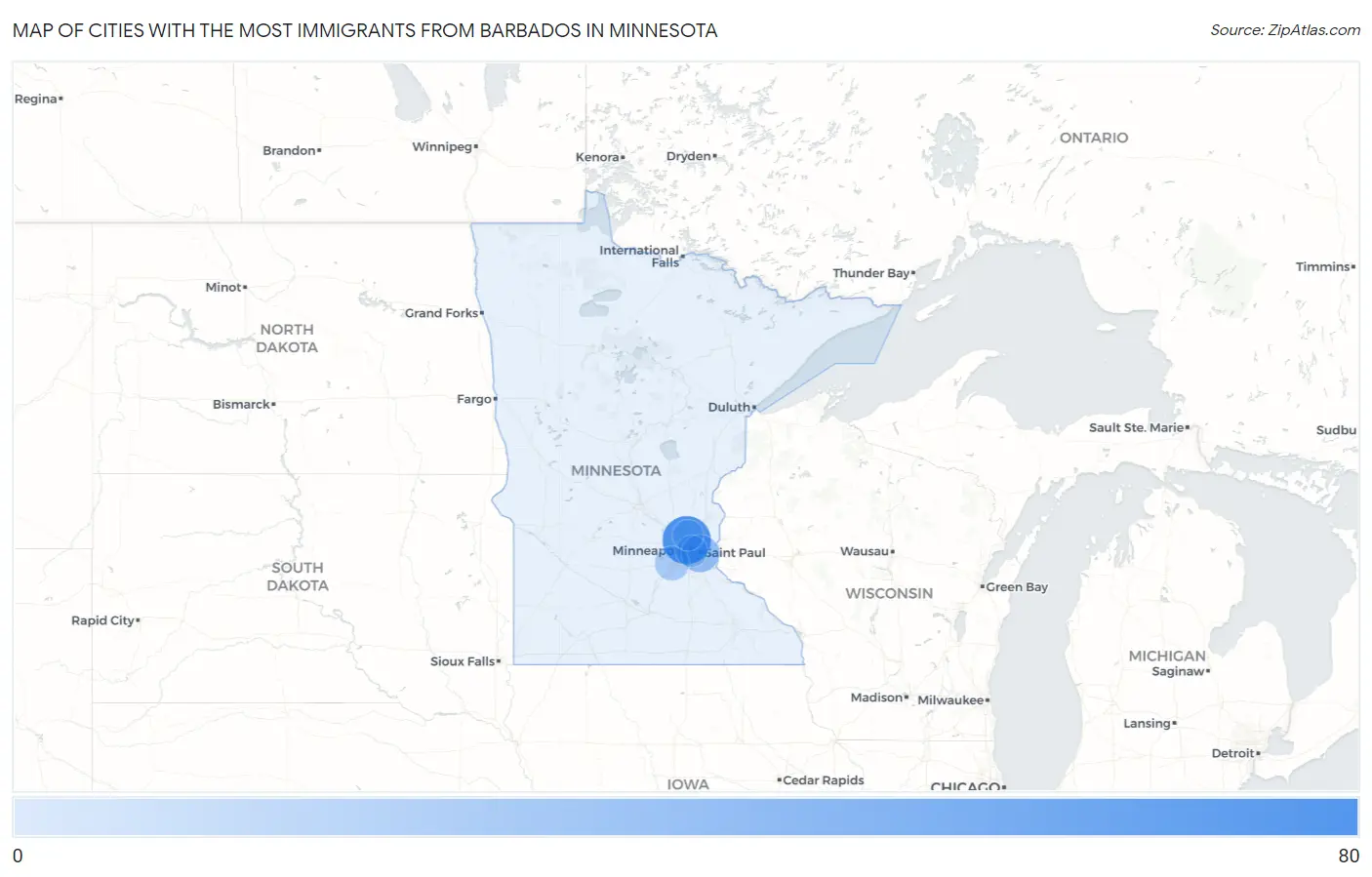 Cities with the Most Immigrants from Barbados in Minnesota Map