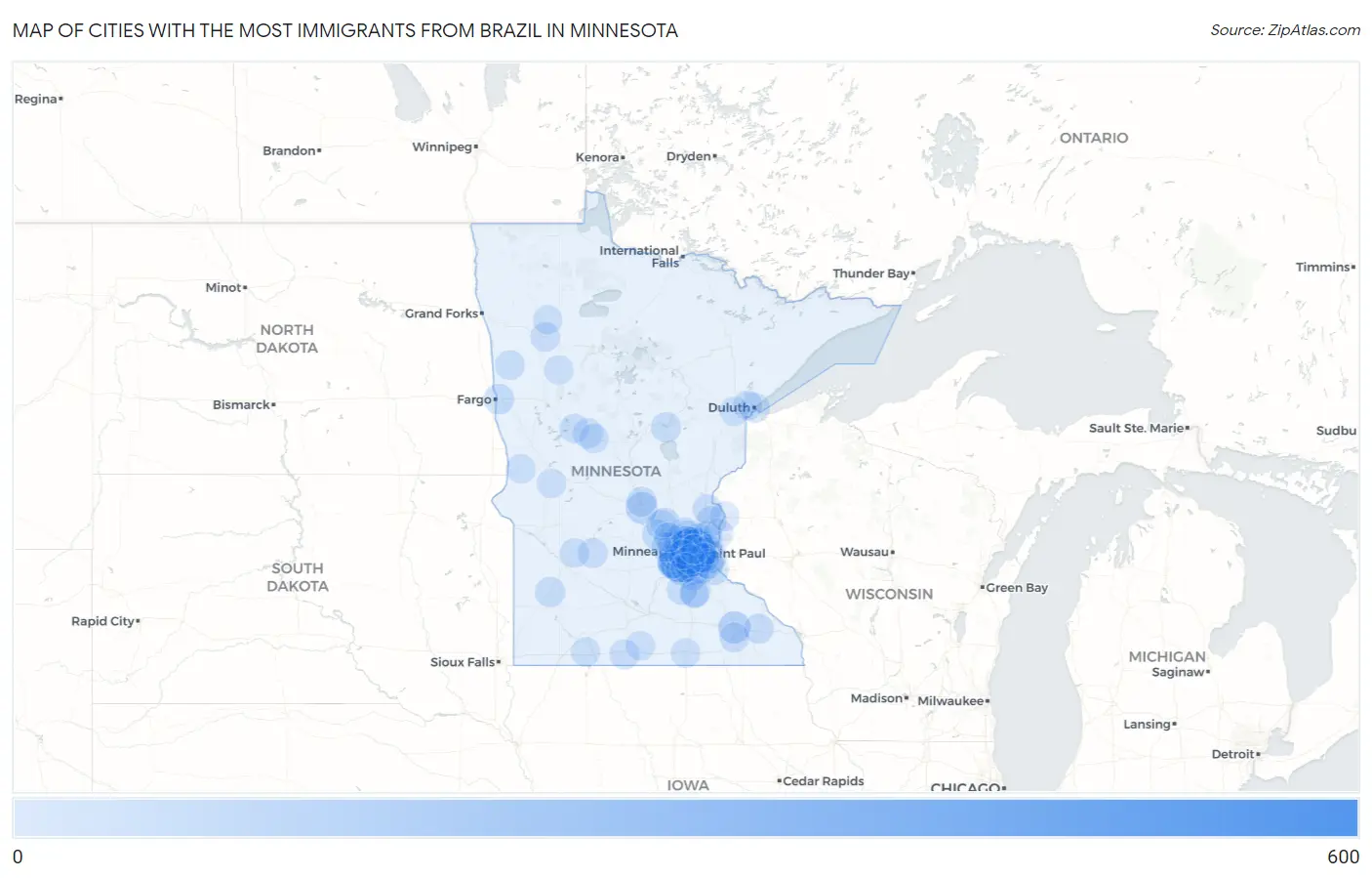 Cities with the Most Immigrants from Brazil in Minnesota Map