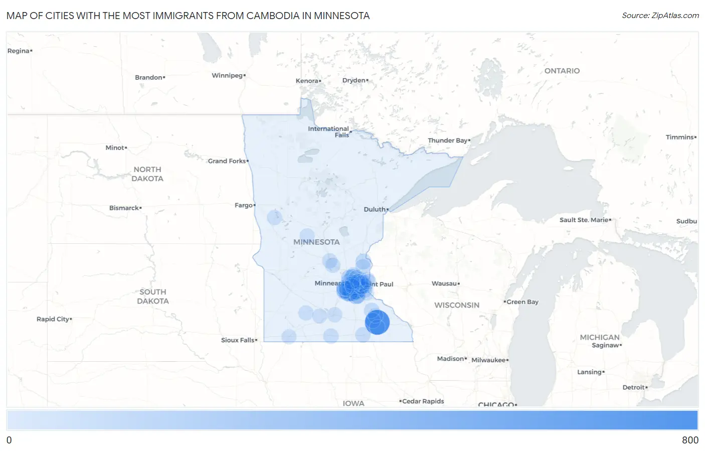 Cities with the Most Immigrants from Cambodia in Minnesota Map
