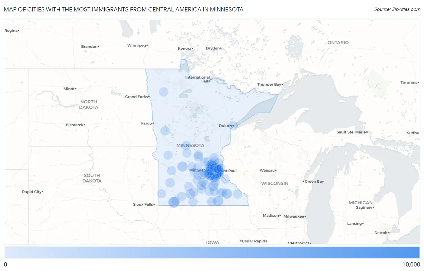 Cities with the Most Immigrants from Central America in Minnesota Map