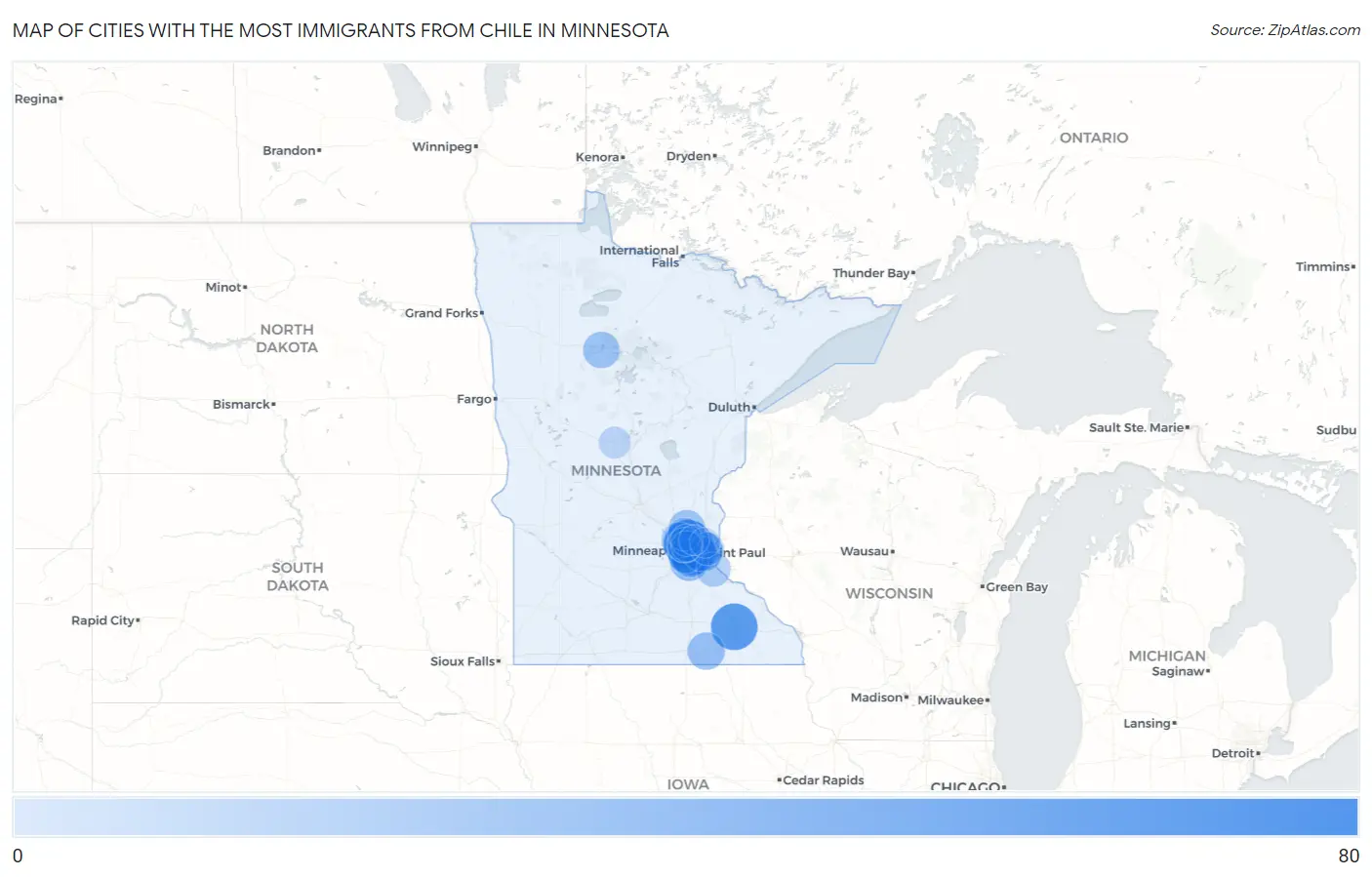 Cities with the Most Immigrants from Chile in Minnesota Map